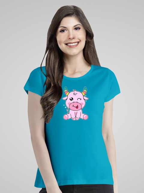 

Pootlu Women Turquoise Blue & Pink Printed T-shirt