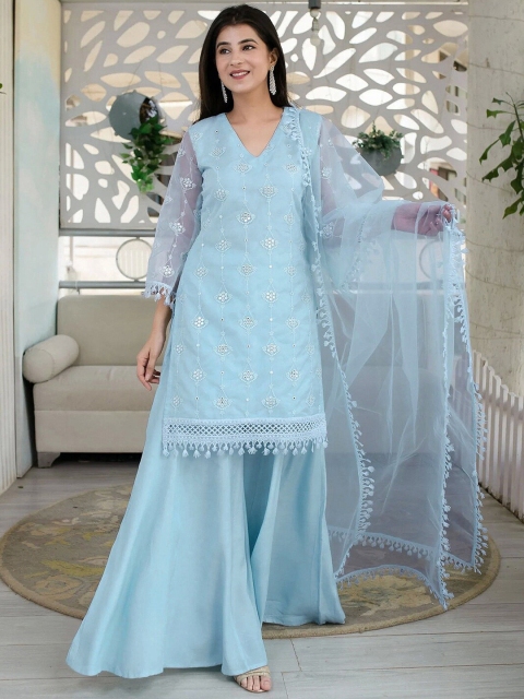 

Fashion Basket Blue & Silver-Toned Embroidered Semi-Stitched Dress Material
