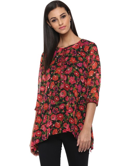 

Ruhanee Women Floral Printed Top with Handkerchief Hem, Black
