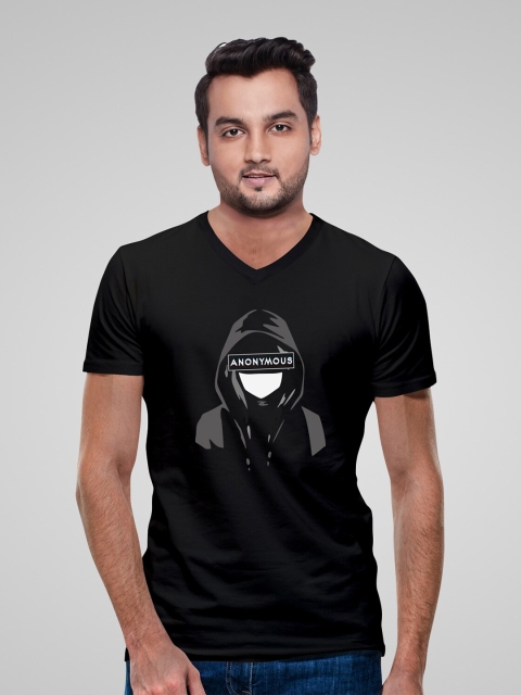 

Pootlu Men Black Anonymous Printed V-Neck T-shirt