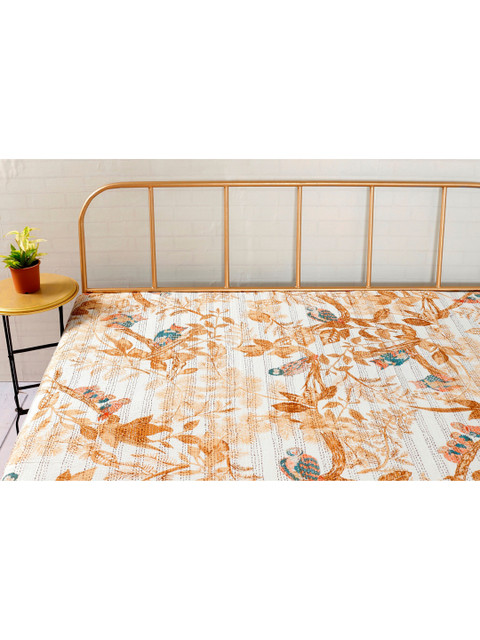 

HANDICRAFT PALACE Brown & White Printed Kantha Embroidered Cotton Double Bed Cover