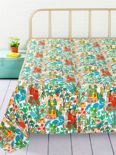 

HANDICRAFT PALACE Women White & Green Frida Kahlo Kantha Embroidered Cotton Double Bed Cover