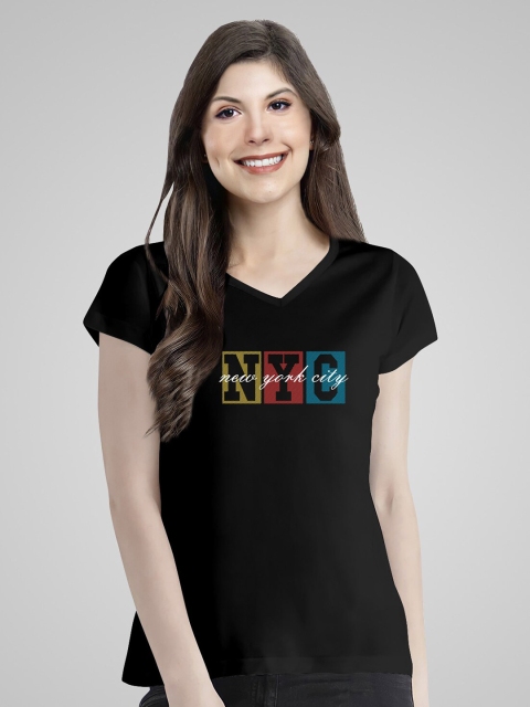 

Pootlu Women Black Typography Printed V-Neck T-shirt