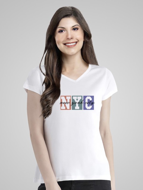 

Pootlu Women White Typography Printed V-Neck T-shirt