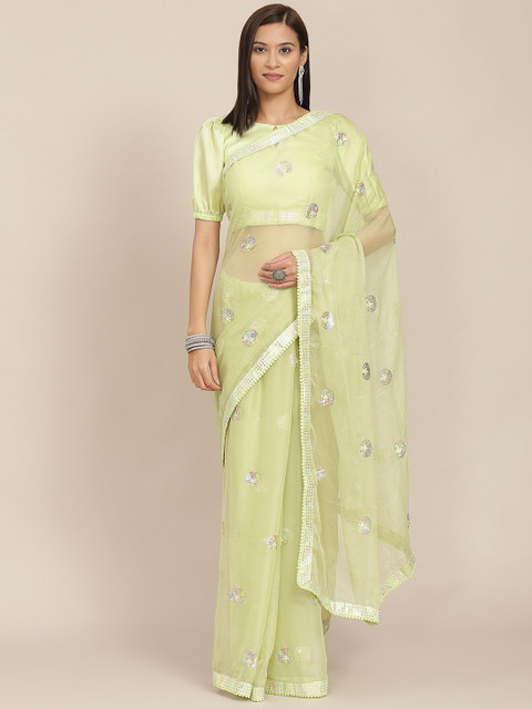 

SHUBHVASTRA Mint Green Sequinned Embellished Saree with Blouse Piece