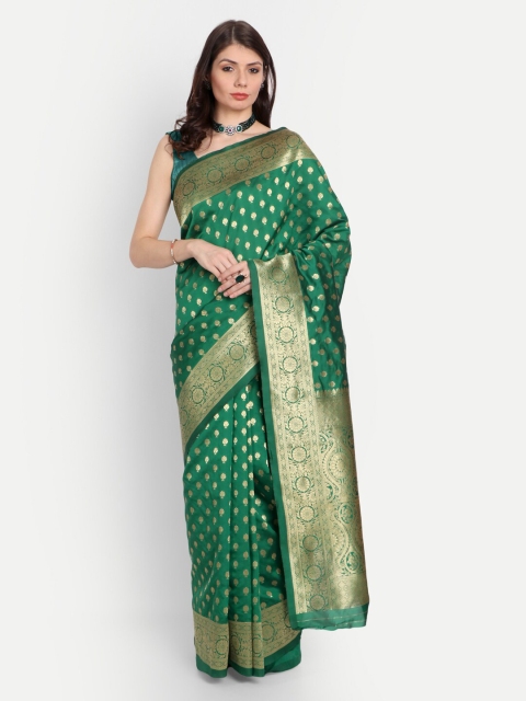 

RIVAMA Green & Gold-Toned Woven Design Zari Silk Cotton Banarasi Saree