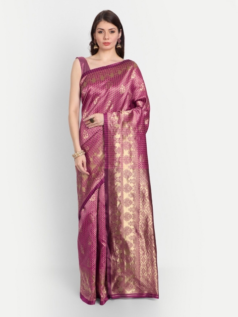 

RIVAMA Pink & Green Woven Design Zari Silk Cotton Banarasi Saree