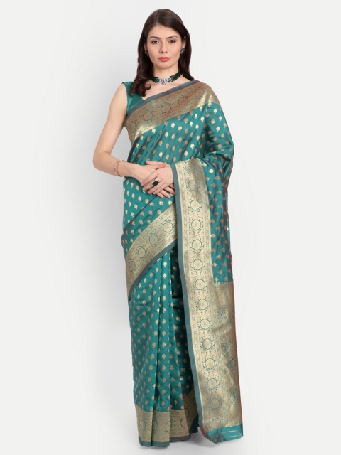 

RIVAMA Lime Green & Gold-Toned Woven Design Zari Silk Cotton Banarasi Saree