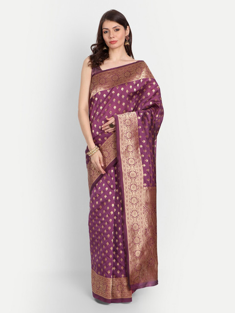 

RIVAMA Women Purple & Gold-Toned Woven Design Zari Silk Cotton Banarasi Saree