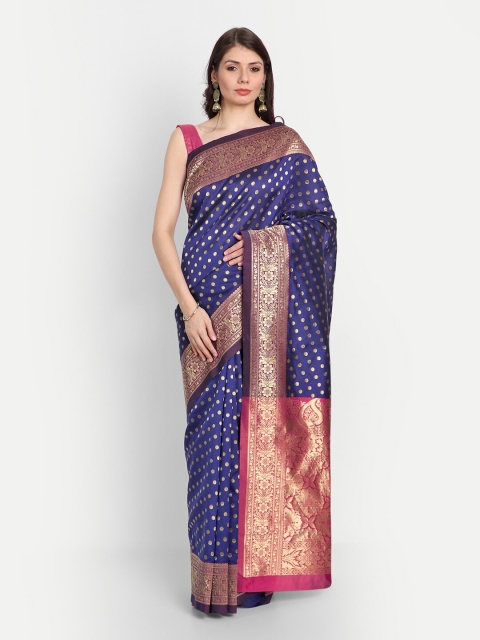 

RIVAMA Blue & Red Woven Design Zari Silk Cotton Banarasi Saree