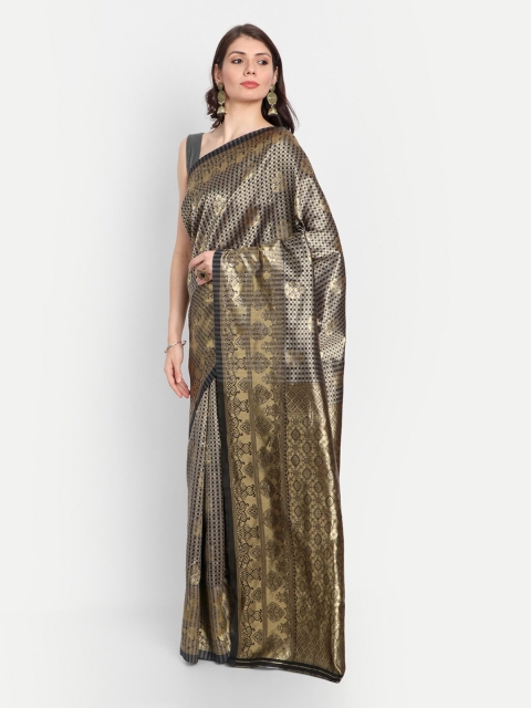 

RIVAMA Black & Gold-Toned Woven Design Zari Silk Cotton Banarasi Saree