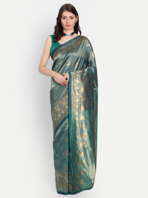 

RIVAMA Teal & Gold-Toned Ethnic Motifs Zari Silk Cotton Banarasi Saree