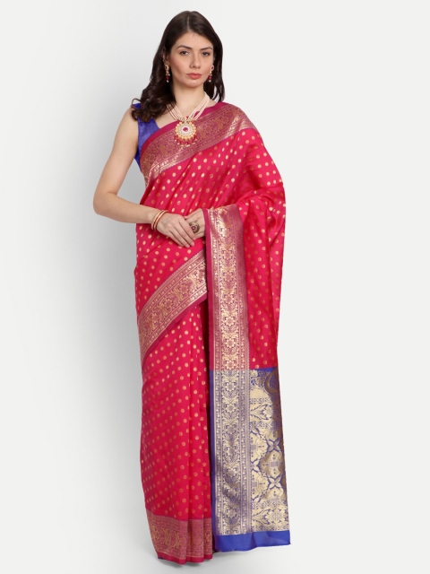

RIVAMA Pink & Blue Ethnic Motifs Zari Silk Cotton Banarasi Saree