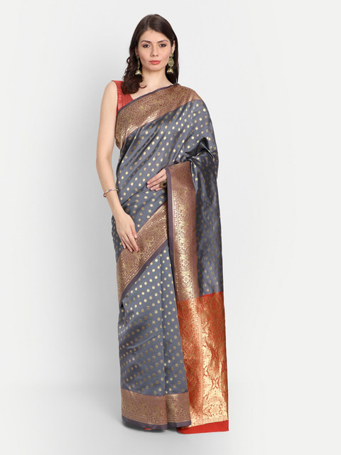 

RIVAMA Grey & Gold-Toned Woven Design Zari Silk Cotton Banarasi Saree