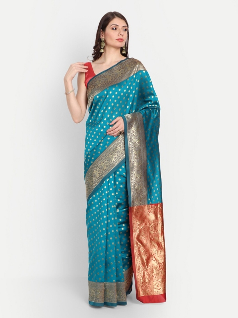 

RIVAMA Blue & Red Woven Design Zari Silk Cotton Banarasi Saree