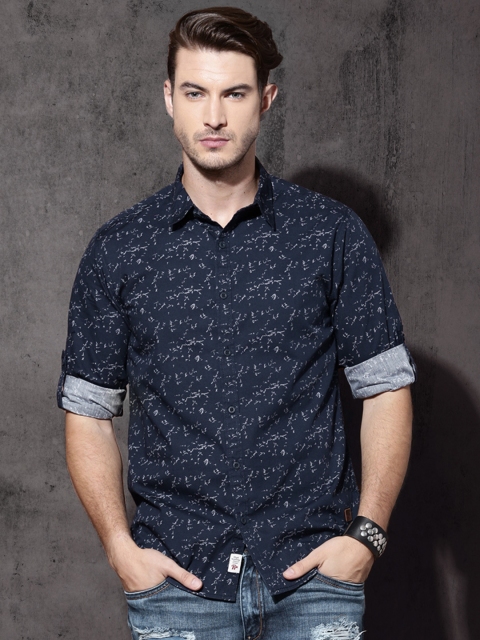 

Roadster Men Navy Regular Fit Printed Casual Shirt, Navy blue