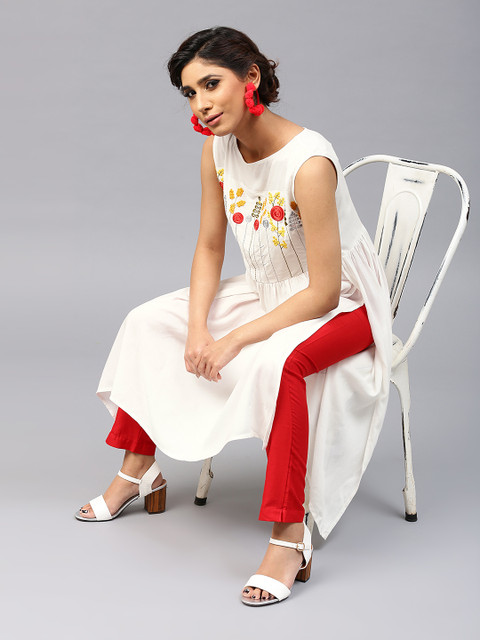 

AKS Women Off-White Embroidered Detail A-Line Kurta