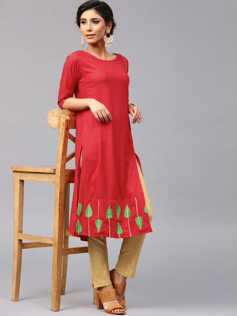

AKS Women Red Embroidered Detail Straight Kurta