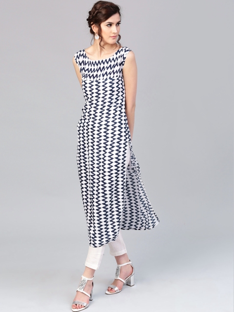 

AKS Women White & Blue Printed Straight Kurta