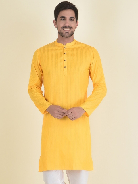 

DEYANN Men Yellow Thread Work Jacquard Kurta