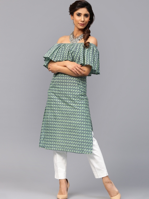 

AKS Women Green Printed Off-Shoulder Straight Kurta