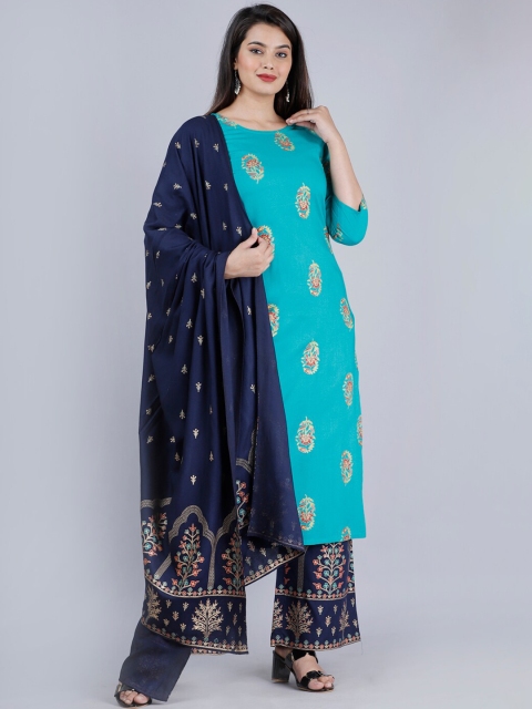 

MAUKA Women Blue & gold Ethnic Motifs Printed Kurta with Palazzos & With Dupatta
