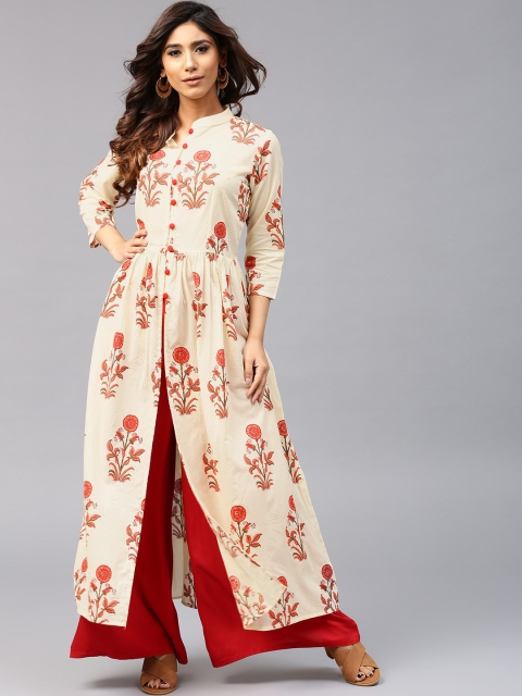 

AKS Women Cream-Coloured & Red Printed A-Line Kurta