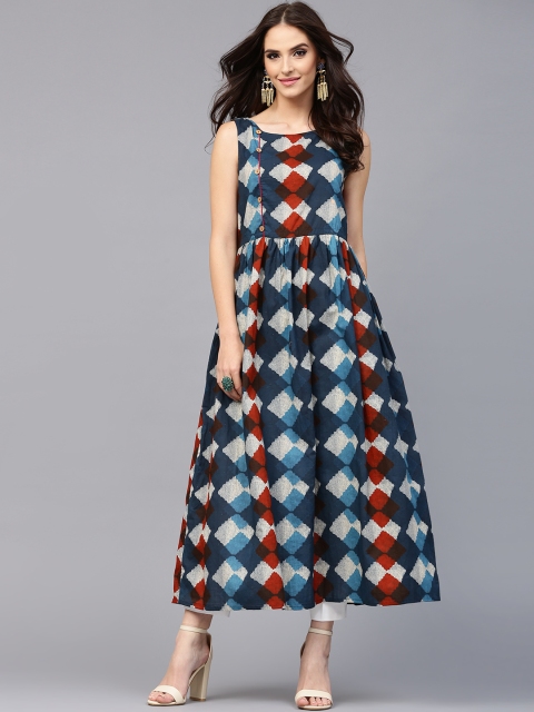 

AKS Women Blue & Rust Red Printed A-Line Kurta