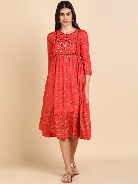 

Jaipur Folk Peach-Coloured Floral Embroidered Midi Dress