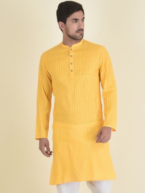 

DEYANN Men Yellow Thread Work Jacquard Kurta