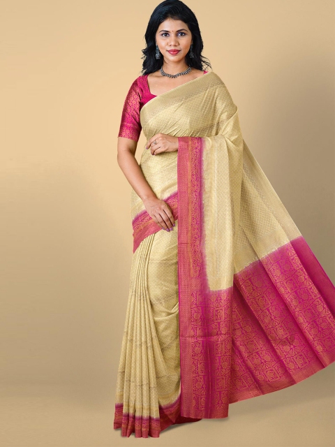 

Kalamandir Cream-Coloured & Pink Woven Design Zari Silk Blend Saree