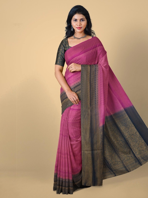 

Kalamandir Women Pink & Black Woven Design Zari Silk Blend Saree