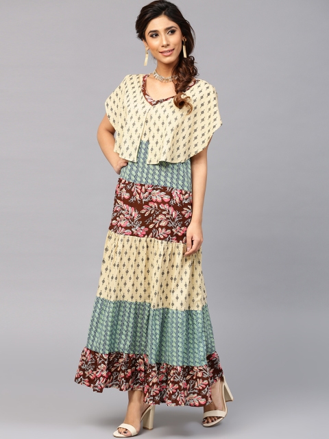 

AKS Women Beige & Blue Printed Layered Maxi Dress