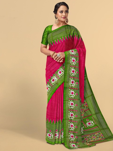 

Kalamandir Pink & Green Ethnic Motifs Silk Blend Saree