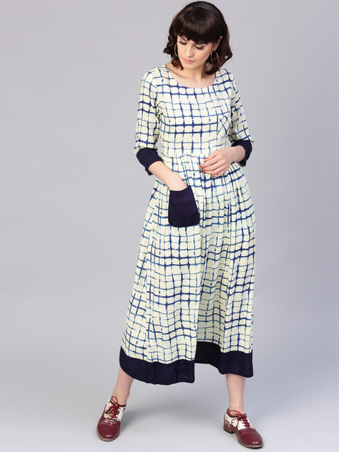 

AKS Women Cream-Coloured & Blue Checked Midi Fit & Flare Dress