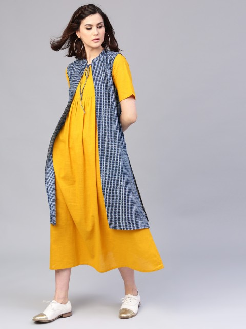 

AKS Women Blue Printed Open Front Ethnic Jacket