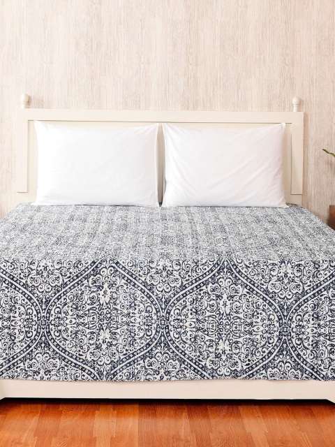 

HANDICRAFT PALACE White Kantha Embroidered Cotton Double Queen Bed Cover TC 180-249