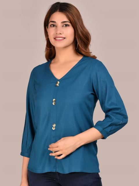 

Meeranshi Blue Mandarin Collar Liva Shirt Style Top