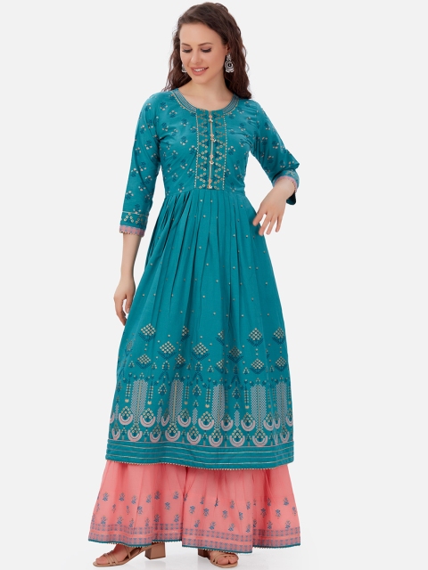 

Kiana Women Blue Ethnic Motifs Printed Pure Cotton Kurta with Sharara