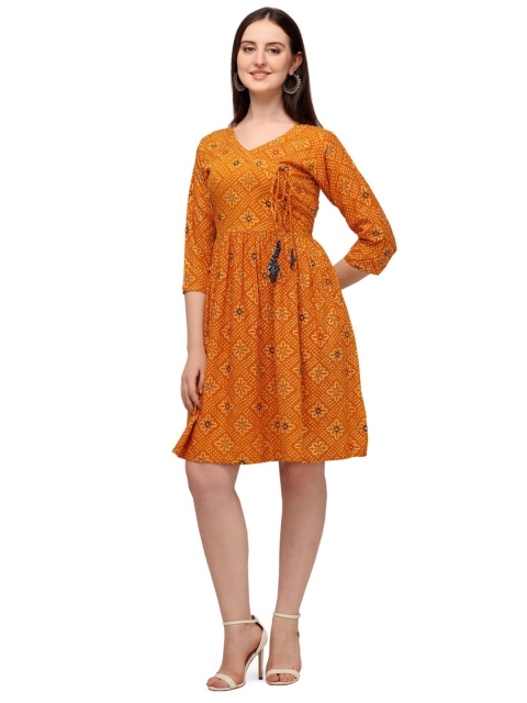 

GUFRINA Women Yellow Bandhani Printed Dress