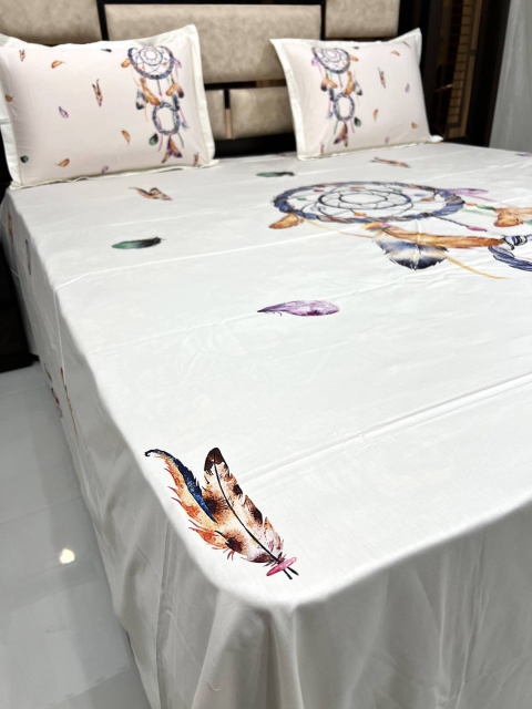 

Pure Decor Cream-Coloured & Blue 500 TC Cotton Graphic King Bedsheet with 2 Pillow Covers