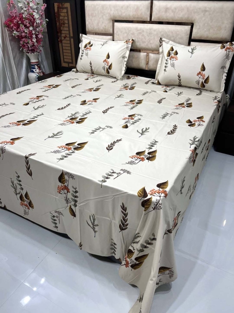 

Pure Decor White & Brown Floral King 500 TC Bedsheet with 2 Pillow Covers