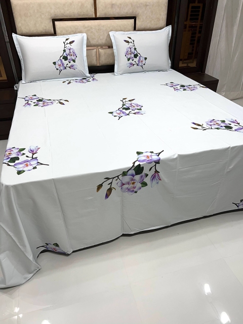 

Pure Decor Purple & Off White Floral King Bedsheet with 2 Pillow Covers