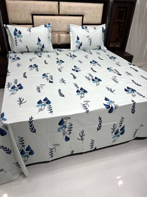 

Pure Decor Off White & Blue Floral Majestic 500 TC King Bedsheet with 2 Pillow Covers