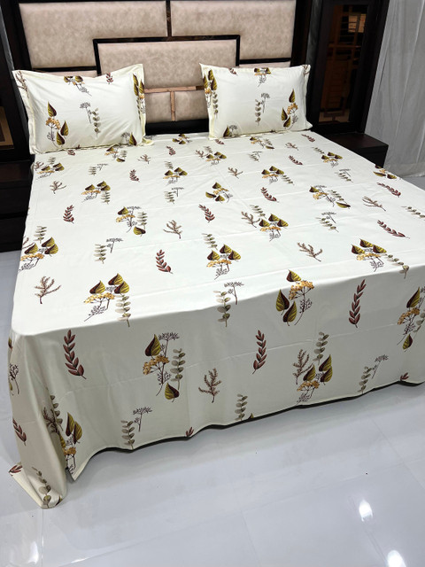 

Pure Decor Cream-Coloured & Brown 500 TC Floral King Bedsheet with 2 Pillow Covers