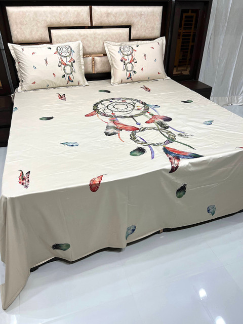 

Pure Decor Cream-Coloured & Red Graphic King Bedsheet with 2 Pillow Covers
