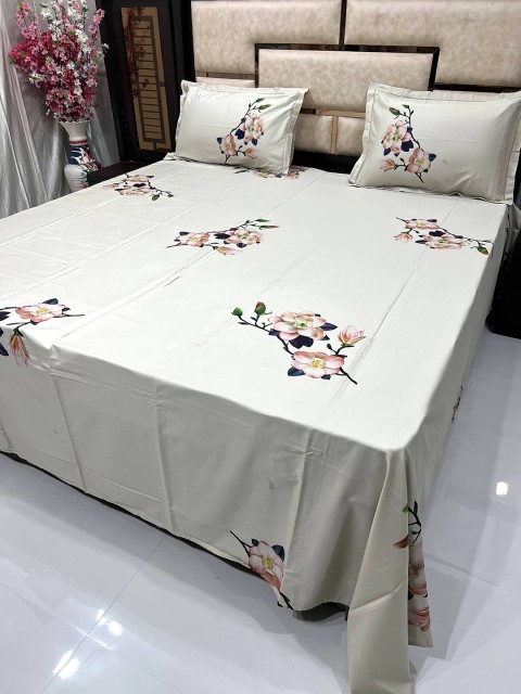 

Pure Decor Cream-Coloured & Pink Floral 500 TC King Bedsheet with 2 Pillow Covers