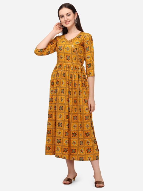 

GUFRINA Yellow Ethnic Motifs Midi Dress