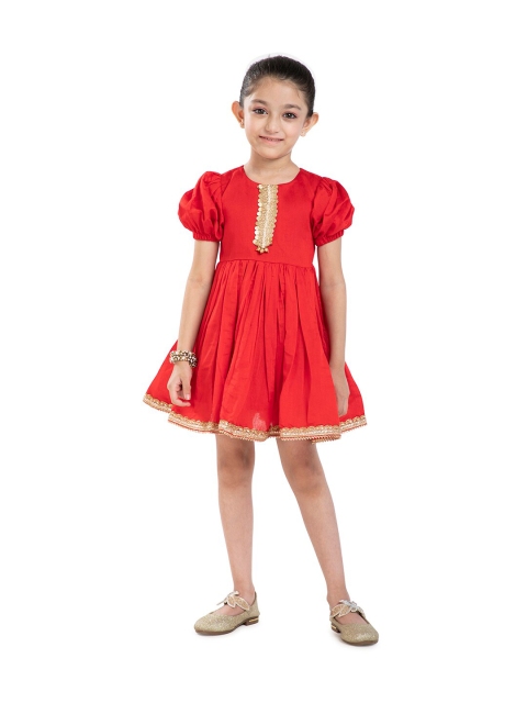 

BYB PREMIUM Girls Red Embellished Silk Fit & Flare Dress