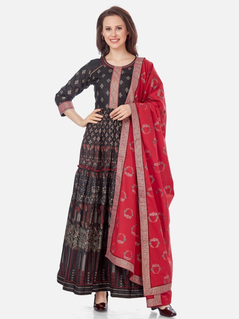 

Kiana Women Black Floral Printed Flared Maxi Dress With Red Dupatta